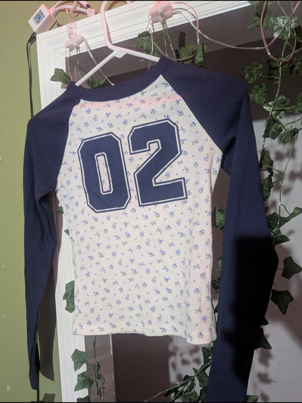 No Boundaries Navy & White Floral Raglan Top with '02' Graphic